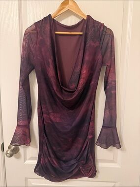 SHEIN Plum Mesh Cowl Neck Long Sleeve Dress